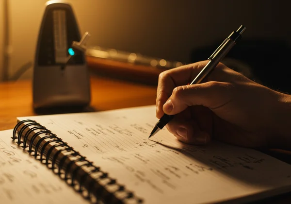 Musician tracking rhythm progress in a practice journal.