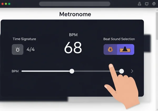 Online metronome interface showing BPM, time signature