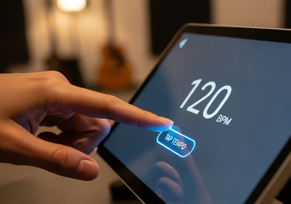 Ręka stukająca w interfejs tap tempo metronomu, pokazująca BPM