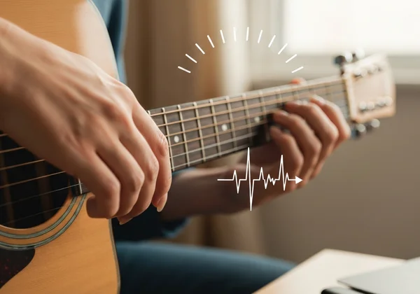 Hands playing a guitar with a subtle metronome pulse visual