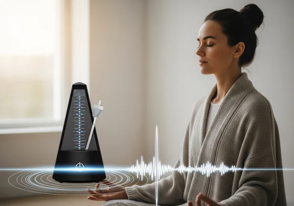 Meditator using a metronome for guided breathing and mindfulness