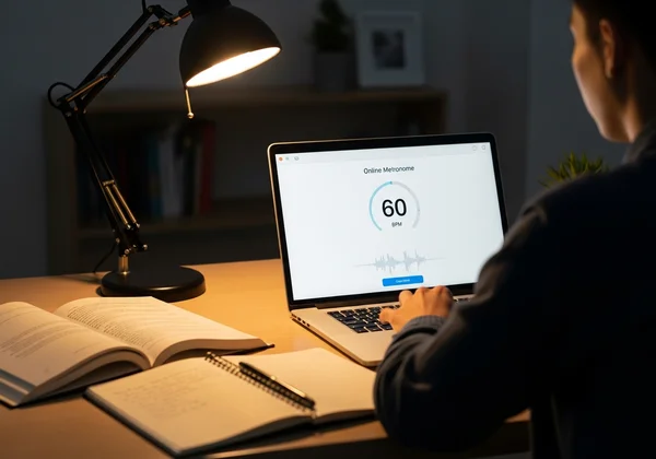 Person studying with an online metronome on a laptop for focus