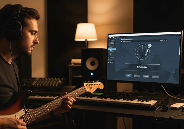 Music producer recording a guitar track with an online metronome.