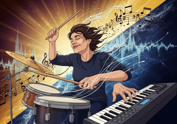 Musician confidently playing with advanced rhythm